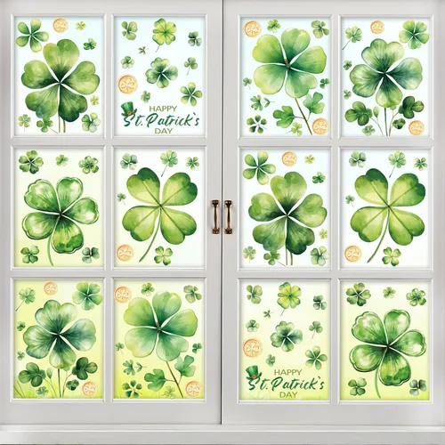 Vista 2 de Adhesivo de trébol para ventana, acuarela, trébol de la suerte de 4 hojas, Día de San Patricio, ventana, color verde, para el día de San Patricio