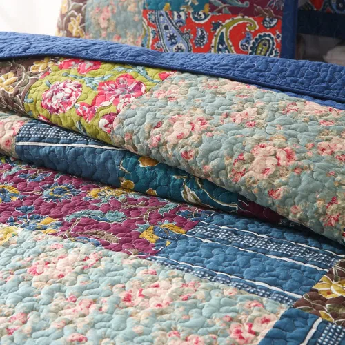 Vista 3 de VISIMISI - Juego de colcha de algodón, juego de cubrecama reversible de retazos, 3 piezas, diseño vintage floral de mosaico azul, tamaño queen