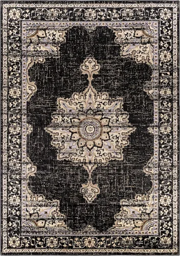 Vista 9 de Lostwithiel - Tapete persa pequeño estilo casa de campo, con medallón bohemio y vintage, tapete tradicional oriental, negro, café y café claro, 1