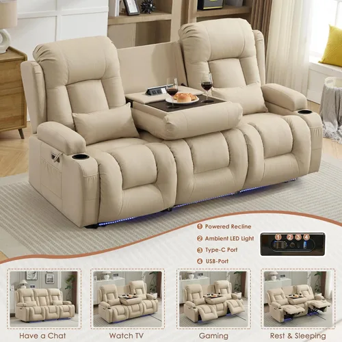 Vista 4 de TUNYI Wall Hugger - Sofá reclinable eléctrico para autocaravana, sofá biplaza reclinable con consola para teatro, sofá reclinable con USB/toma
