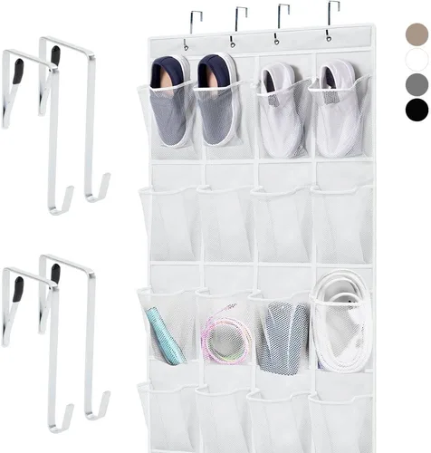 Vista 11 de HOME GENIE Organizador colgante para zapatos sobre la puerta, 24 bolsillos de malla transpirable, soporte de almacenamiento en el armario, ganchos