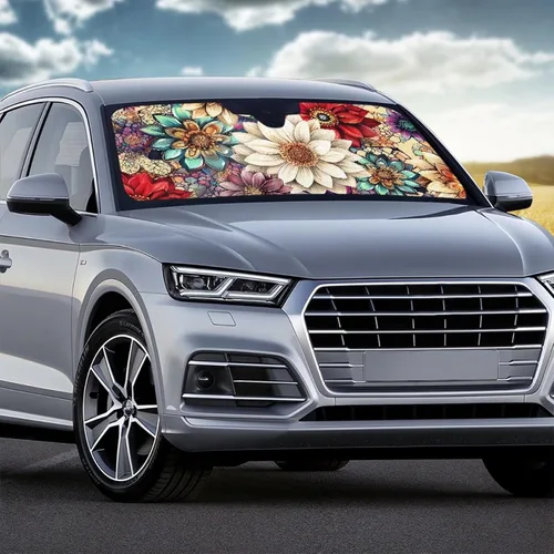 Vista 4 de HUGS IDEA Parasol plegable para parabrisas de automóvil, diseño de flores, bohemio, para la mayoría de los sedán, SUV, camión, parabrisas delantero