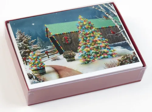 Vista 2 de Caja de tarjetas de Navidad con luz de país, 15 tarjetas y 16 sobres de papel de aluminio
