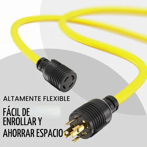 Vista 3 de Alargo, Cable de extensión, 4 Prong, 30 Amperes, 125–250 Voltios, único, Amarillo, 10 pies, 100% hule, calibre 10, muy resistente, L14–30