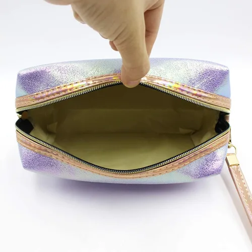 Vista 4 de Bolsa de cosméticos holográfica, organizador de artículos de tocador de viaje, bolsa de almacenamiento de sirena, estuche de, Azul