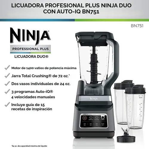 Vista 3 de Ninja BN751 Professional Plus DUO Licuadora, 1400 vatios máximo, 3 programas de autoIQ para batidos, bebidas congeladas y extracciones