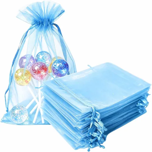 Vista 24 de Bolsas de regalo de organza de 4 x 6 pulgadas con cordón para joyas, dulces, paquetes de 50 bolsas de té de tela transparente azul aguamarina