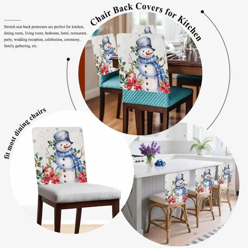 Vista 5 de Paquete de 4 fundas de respaldo de silla de Navidad con muñeco de nieve azul para sillas de comedor, fundas extraíbles lavables para silla