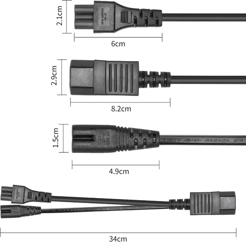 Vista 4 de C14 a C5+C7 Y Splitter Power Plug Cord YACSEJAO 10A/250V IEC320 C14 macho a C5+C7 Y Split Cable adaptador de corriente corto (1 pie/11.8 in)