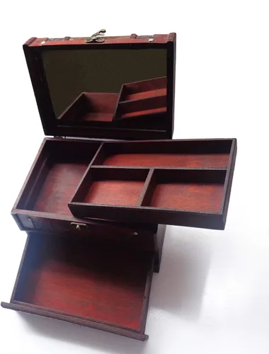 Vista 5 de ISOTO Joyero de madera retro vintage, caja de almacenamiento organizadora, caja de almacenamiento con espejo para novias y mujeres, para el día