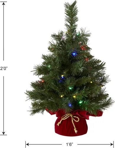 Vista 6 de National Tree CompanyMini árbol de Navidad Artificial Pre-LIT 35 luces multicolor, 71 puntas, base de tela roja, temporizador, verde