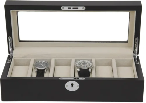 Vista 3 de Tech Swiss Caja de reloj para 6 relojes de almacenamiento de madera vitrina ventana de cristal (negro)
