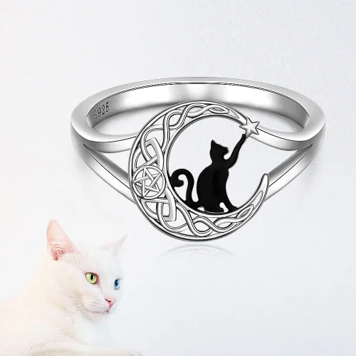 Vista 3 de Anillos de gato negro para mujer, diseño de árbol de la vida, joyería de Plateado