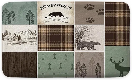 Vista 2 de Alfombras de baño de cabaña retro rústicas para baño, osos, ciervos, caza, animales salvajes, franela para baño, ducha, antideslizante, tapete a