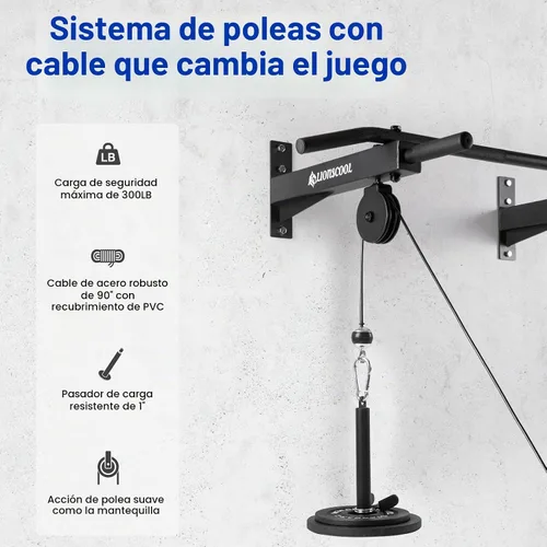 Vista 3 de Barra de dominadas multifuncional montada en la pared con sistema de polea, barra de dominadas de agarre múltiple de 48" y 16"/24", accesorios