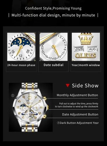 Vista 45 de OLEVS Reloj de pulsera automático con diseño de esqueleto para hombre, de lujo, con diamantes de lujo, de acero inoxidable, calendario, reloj