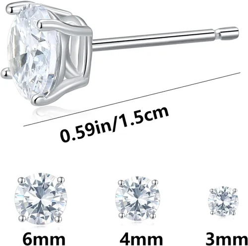 Vista 2 de Aretes tipo dormilona de plata de ley 925 con circonita cúbica para mujeres y hombres, chapados en oro blanco de 14 quilates, hipoalergénicos