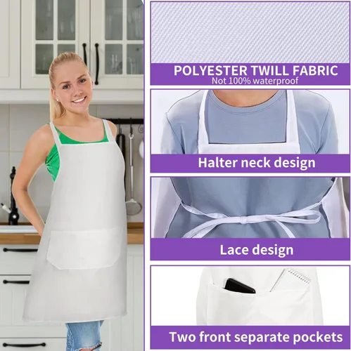 Vista 4 de Paquete de 12 delantales con peto, delantales unisex lisos, delantales blancos a granel con 2 bolsillos para adultos, cocina y pintura, lavable a