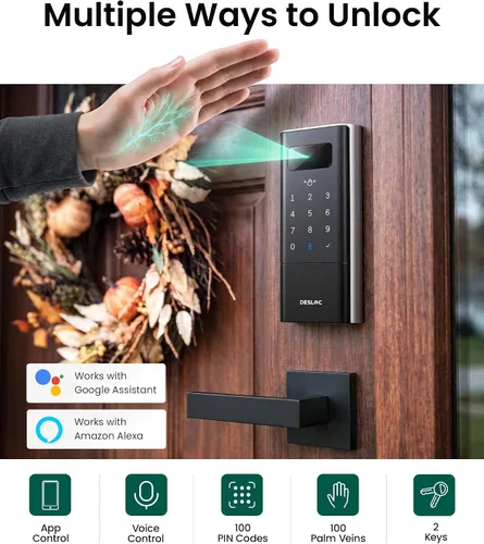 Vista 2 de DESLOC Smart Lock K140 Plus con reconocimiento de vena de palma, cerradura de puerta de entrada sin llave con cerrojo de teclado, control
