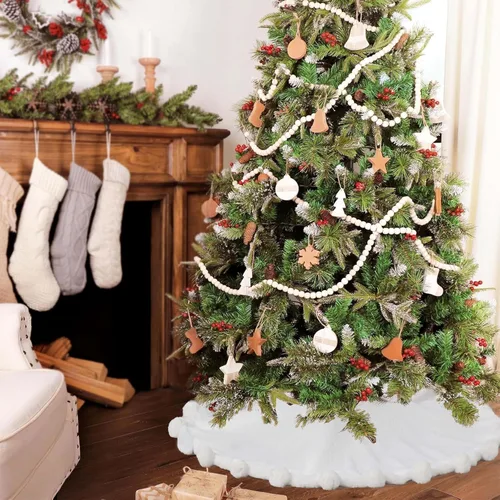 Vista 5 de ORTIGIA Falda blanca para árbol de Navidad de 48 pulgadas con POM POM, falda de árbol de Navidad de felpa suave de piel sintética blanca para árbol