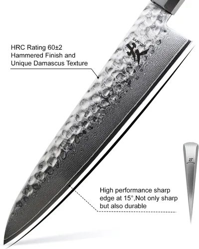 Vista 3 de SAMCOOK - Cuchillo de chef japonés – Cuchillo de cocina profesional de 8 pulgadas con acabado martillado de Damasco, cuchillo de cocina de acero