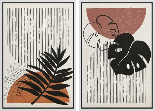 Vista 26 de SIGNFORD Lienzo enmarcado para pared, juego de arte geométrico retro de mediados de siglo, plantas forestales, ilustraciones con formas abstractas