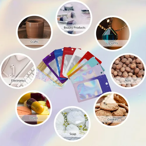 Vista 4 de Paquete de 400 bolsas holográficas de Mylar resellables de 4 tamaños, bolsas para almacenamiento de alimentos, a prueba de olores, con ventana