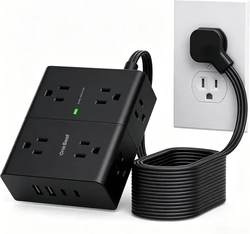 Vista 7 de One Beat Regleta protectora de sobretensiones, cable de extensión plano ultrafino de 6 pies con 8 tomas, 4 puertos USB (2 USB C), regleta