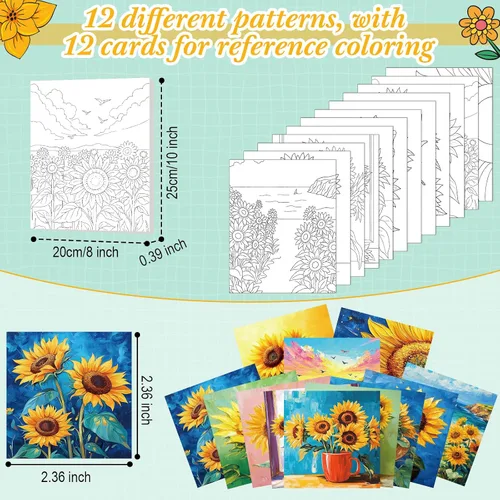 Vista 3 de Engrowtic 12 lienzos predibujados de flores de girasol de 8 x 10 pulgadas para pintar, lienzos preimpresos, para mujeres, pintura, arte, fiesta