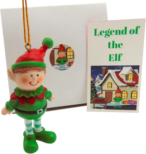 Vista 2 de Adorno de leyenda del elfo de poliresina para árbol de Navidad con tarjeta de historia en caja de regalo