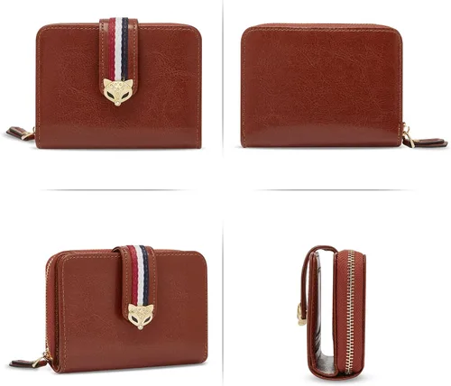Vista 3 de FOXLOVER Cartera pequeña de piel sintética para mujer, con bloqueo RFID, con cremallera, bolsillo para monedas, ventana de identificación