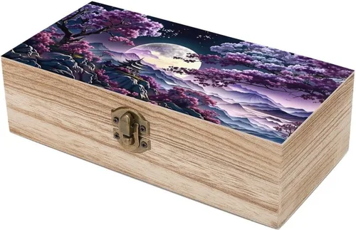 Vista 6 de Cherry Blossom Moon Wooden Storage Box with Hinged Lock,Decorative Handmade Keepsake Jewelry Chest, Elegant Retro Decor Boxes, Compact Organizer Box