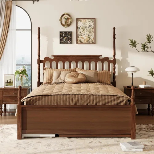 Vista 3 de MERITLINE Cama de plataforma tamaño Queen con cama nido individual XL y 2 cajones de almacenamiento, marco de cama de plataforma de madera maciza