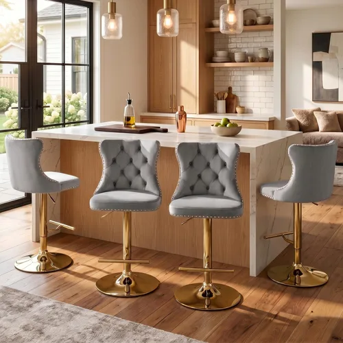 Vista 206 de SoarFlash Juego de 2 taburetes de bar tapizados de terciopelo moderno con patas de madera, botones acolchados, cabeza de clavo cromada, asiento