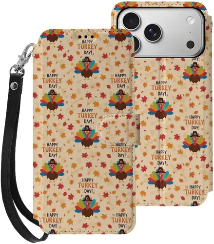 Vista 19 de SWEET TANG Compatible with iPhone 17 Pro Wallet Case Women PU Leather Shockproof Protective Folio Flip Cover (Cute Thanksgiving Turkey Maple Leaf)