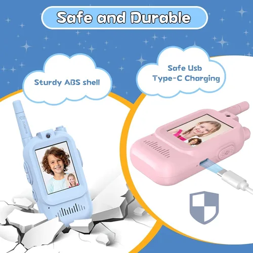 Vista 4 de Walkie Talkie para niños con video, paquete de 2 juguetes recargables para niños pequeños con cámara HD y cambiador de voz, radios bidireccionales