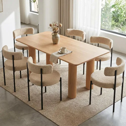 Vista 23 de Juego de 2 sillas de comedor Boucle, sillas de comedor beige con asiento tapizado y respaldo redondo, sillas de cocina modernas de mediados de siglo