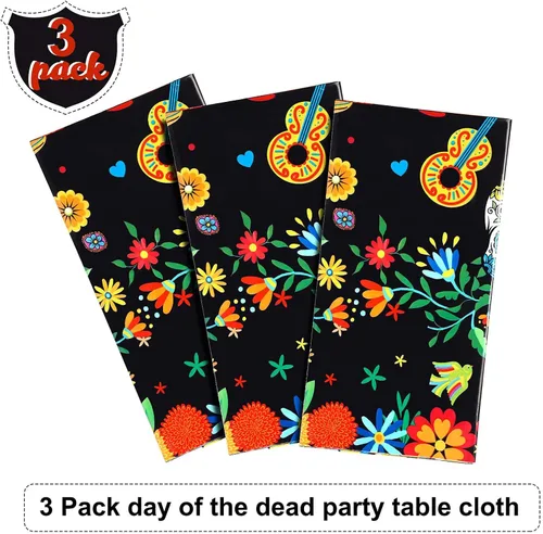 Vista 4 de Irenare Mantel de plástico con diseño de Día de los Muertos, diseño de calavera de azúcar, desechable, rectangular, para Halloween, cumpleaños Negro