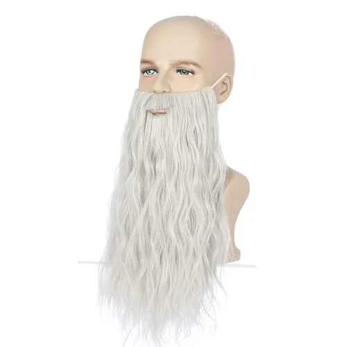 Vista 6 de MAN SI Pelucas y barba grises plateadas, peluca larga ondulada de mago para hombres, peluca de disfraz de Halloween