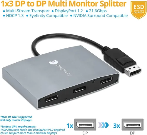 Vista 2 de gofanco Prophecy Adaptador DisplayPort 1x3 DisplayPort 1.2 a 3 puertos – DP a Triple DisplayPort MST Hub con modo de pantalla extendida – 4K @30Hz