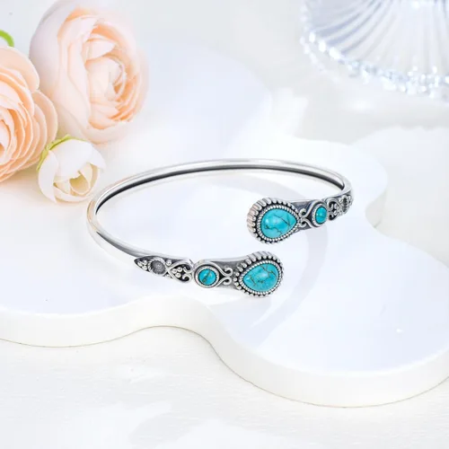 Vista 3 de Pulsera de turquesa para mujer, plata de ley 925, turquesa auténtica, pulsera abierta, ajustable, apilable, vintage, piedra natural, regalos