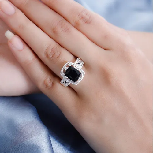 Vista 2 de Black Tourmaline Rings - Birthstone Rings for Women - Engagement Promise Ring for Her Statement Vintage Stainless Steel Tourmaline Jewelry Birthday