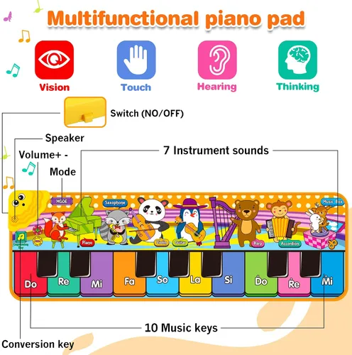 Vista 2 de Alfombrillas de Piano Musical para Niños con 25 Sonidos Musicales, Juguetes Musicales Alfombra de Teclado de Piano para Bebés Manta de Animales