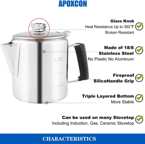 Vista 4 de Cafetera Percoladora Multiuso de Acero Inoxidable para Estufa con Dos Perillas de Vidrio Borosilicato Resistente Mango de Sílice Cafetera