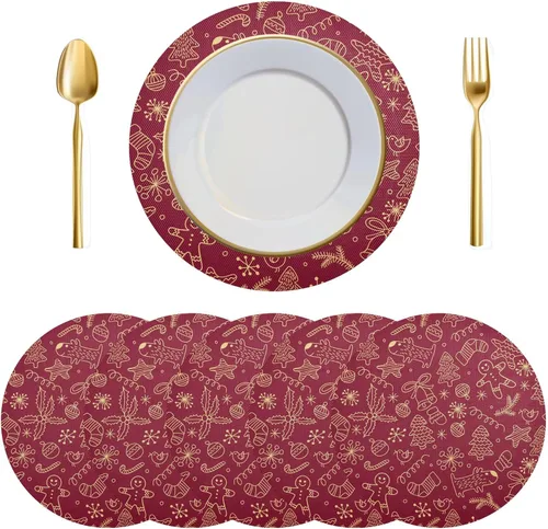 Vista 3 de Juego de 6 manteles individuales redondos, copos de nieve sobre rojo oscuro, resistentes al calor, para mesa de comedor, decoración de Navidad