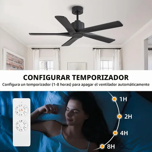 Vista 8 de WINGBO - Ventilador de techo DC de 48" sin luz - 5 aspas de madera maciza talladas, motor DC reversible de 6 velocidades, ventilador de techo sin