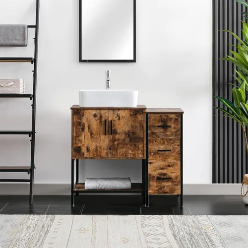Vista 31 de eclife Lavabo de tocador de baño de 24 pulgadas, gabinete de metal moderno con estante inferior, fregadero azul para barco y grifo de ahorro de agua
