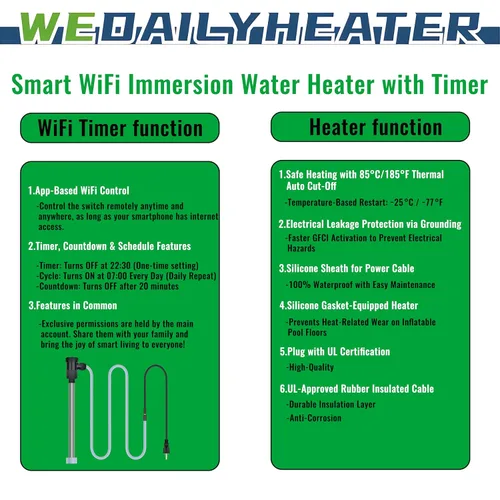 Vista 4 de Calentador de agua totalmente sumergible de 3500 W y 240 V para bañera de hidromasaje y piscina sobre el suelo, calentador eléctrico de inmersión