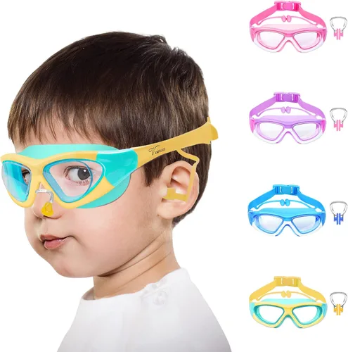 Vista 10 de Vvinca Gafas de natación para niños de 3 a 12 años, diseño mejorado 2024 con tapón para la oreja y la nariz, visión amplia, antivaho sin fugas