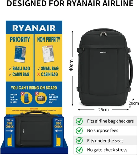 Vista 2 de ECOHUB Mochila de Viaje Aprobada para Aerolíneas, Bolsa de Artículos Personales, Mochila de Mano Negro
